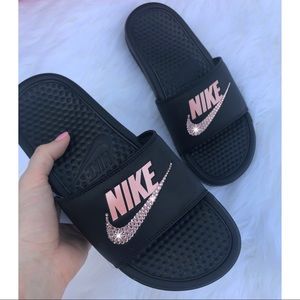 ⚡️Custom Bling Nike Benassi Slides (Black/Rose)⚡️